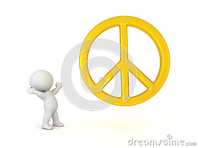 3D Character looking happy at golden peace logo Stock Photo