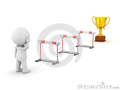 3D Character Looking at Obstacles and Trophy Stock Photo
