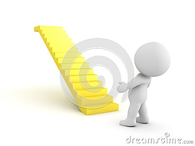3D Character looking up in awe at golden staircase Stock Photo