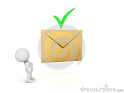 3D Character looking up at email envelope icon with green checkmark Stock Photo