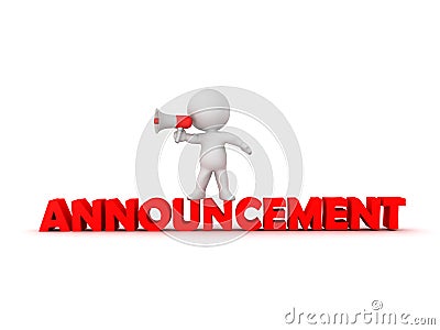 3D Character with loudspeaker standing on text saying announcement Stock Photo