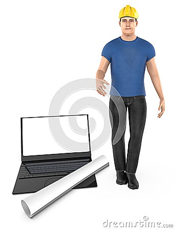 3d character , man , hard helmet , laptop and draft paper- 3d rendering Stock Photo