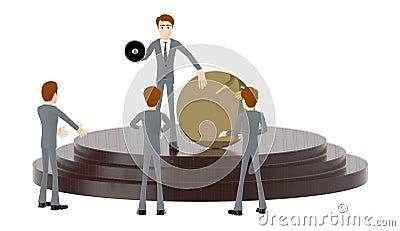 3d character man , holding a megaphone and showing a empty circle badge while standing over a podium with a three people listening Stock Photo