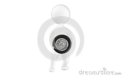 3d character , man holding a tyre wheel Stock Photo