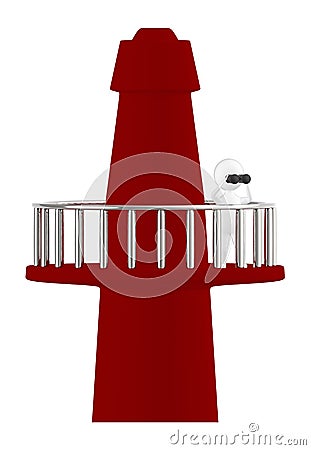 3d character , man looking through binocular while standing on top of a tower Stock Photo