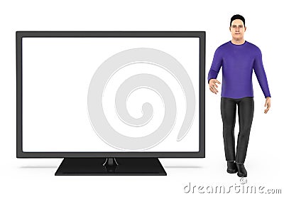 3d character , man presenting a tv / monitor / empty copyspace area Stock Photo