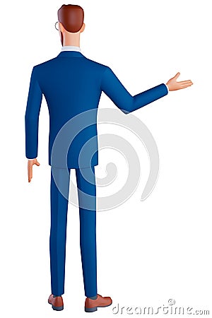 3d character man rearview. Businessman brunette man in glasses wearing a blue suit, showing empty copy space on open Stock Photo