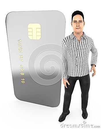 3d character , man standing to a chip enabled electronic card Stock Photo