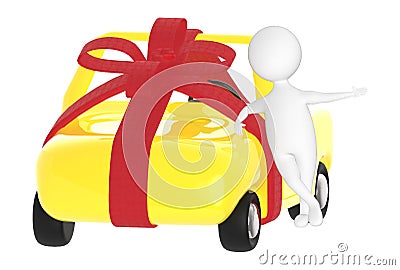 3d character , man , wrapped ribbon car and man leaning over it Stock Photo