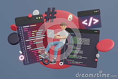 3D Character Man writes code on the computer. Programming and coding concept Stock Photo