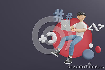 3D Character Man writes code on the computer. Programming and coding concept Stock Photo