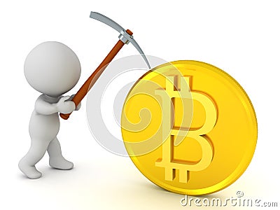 3D Character with pickaxe mining bitcoin Stock Photo