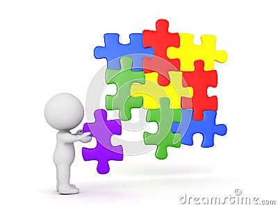 3D Character placing a puzzle piece into jigsaw puzzle Stock Photo