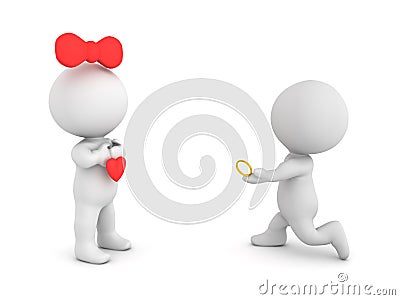 3D Character proposing to his fiance with gold engagement ring Stock Photo