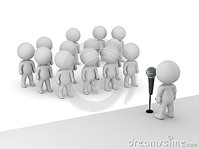 3D Character Public Speaker with Microphone in front of many other characters Stock Photo