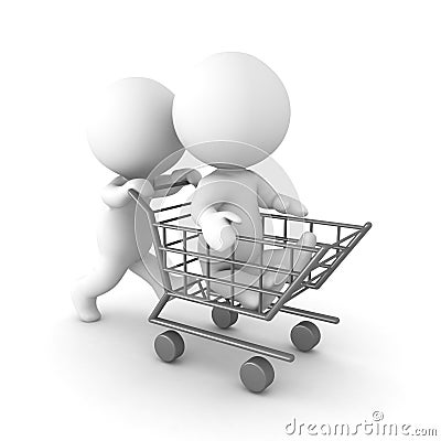 3D Character pushing another one in shopping cart Stock Photo