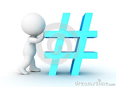3D Character pushing blue hashtag or pound sign Stock Photo