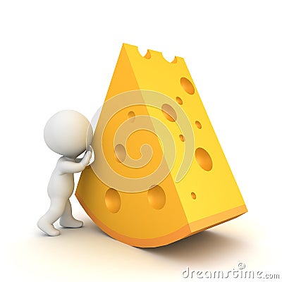 3D Character pushing giant cheese Stock Photo