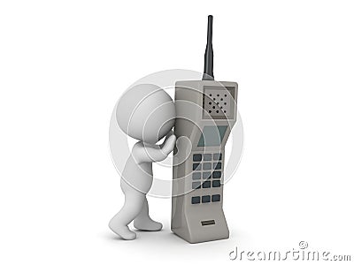 3D Character pushing large retro cellphone Stock Photo