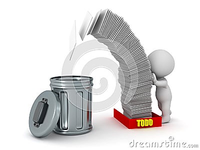 3D Character Pushing Todo Task Papers into Trash Can Stock Photo