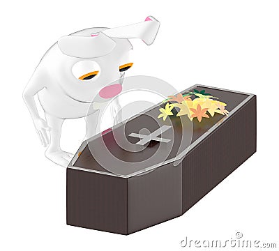 3d character , rabbit looking at a wooden coffin with flower on top of it Stock Photo