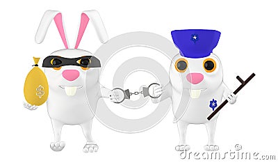 3d character , rabbit police officer , cop and the culprit , theif Stock Photo