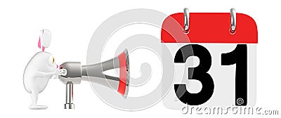 3d character , rabbit speaking through a megaphone near to a calender with 31 date displayed in it Stock Photo