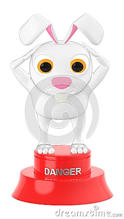 3d character , rabbit standing over danger button Stock Photo