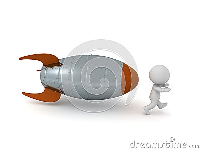 3D Character Running Away from a Rocket Stock Photo