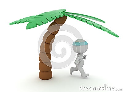 3D Character running under palm tree Stock Photo