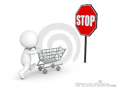 3D Character with Shopping Cart and Stop Sign - Stop Compulsive Shopping Concept Stock Photo