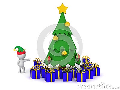 3D Character Showing Cartoonish Christmas Tree with Wrapped Gift Stock Photo