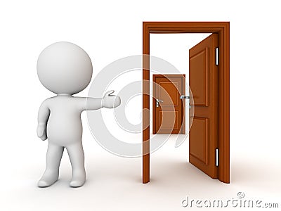 3D Character Showing Closed Door Behind Open Door Stock Photo