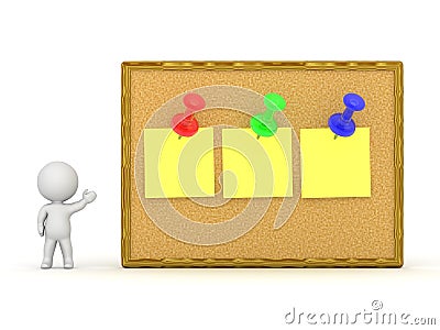 3D Character Showing Cork Board With Three Notes Stock Photo