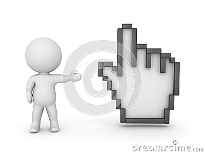 3D Character Showing Large Hand Cursor Stock Photo