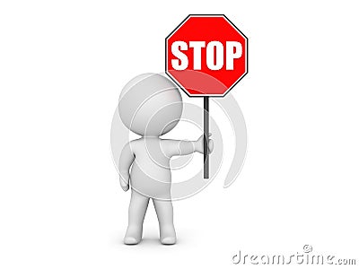 3D Character Showing a Large Stop Sign Stock Photo