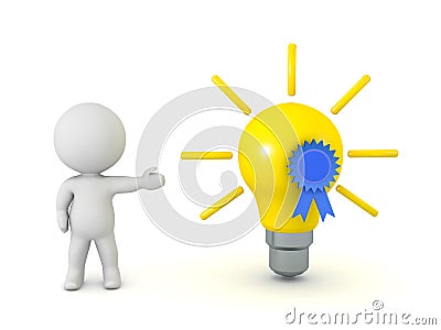 3D Character Showing Light Bulb Idea with Blue Ribbon Stock Photo