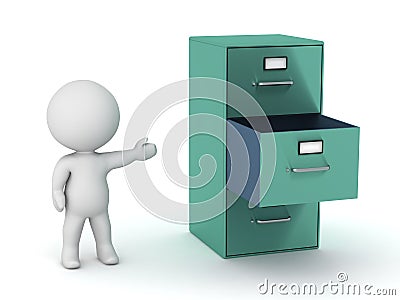 3D Character Showing an Open Archive Cabinet Stock Photo