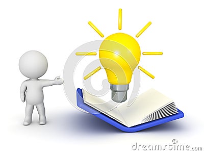 3D Character Showing Open Book and Idea Light Bulb Stock Photo