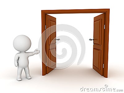 3D Character Showing Open Door Stock Photo