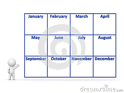 3D Character showing Year Calendar with 12 Months Stock Photo