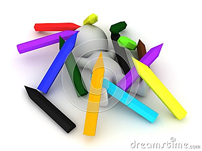 3D Character sitting in a pile of large pencils Stock Photo