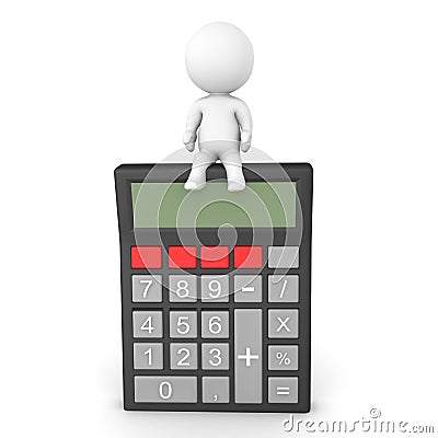 3D Character sitting on top of retro pocket calculator Stock Photo