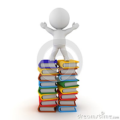 3D Character sitting on top of stack of books with arms raised Stock Photo