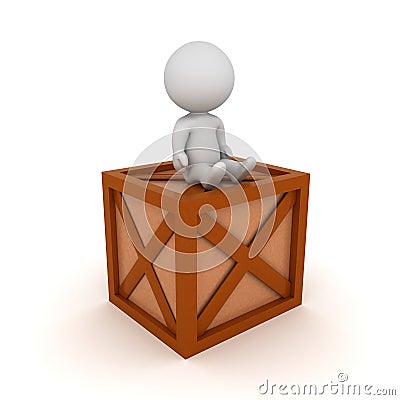 3D Character sitting on wooden crate Stock Photo