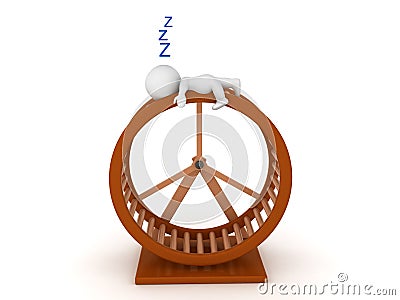 3D Character sleeping after running on hamster wheel Stock Photo