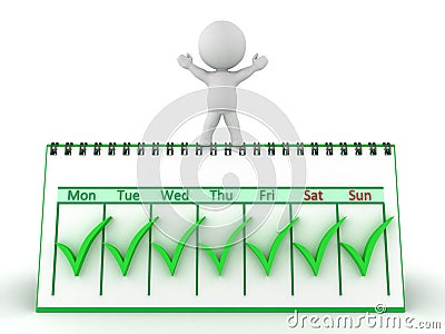 3D Character standing on calendar with checkmarks Stock Photo