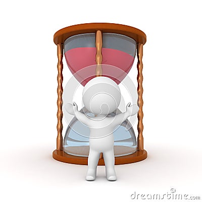 3D Character standing with his arms raised in front a hourglass Stock Photo