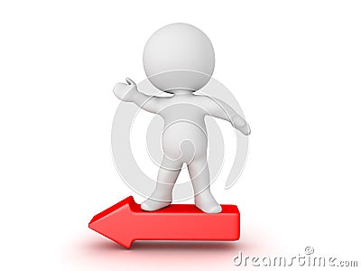 3D Character standing on red arrow and pointing to the left Stock Photo