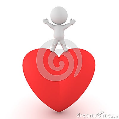 3D Character standing on top of giant red cartoon heart Stock Photo